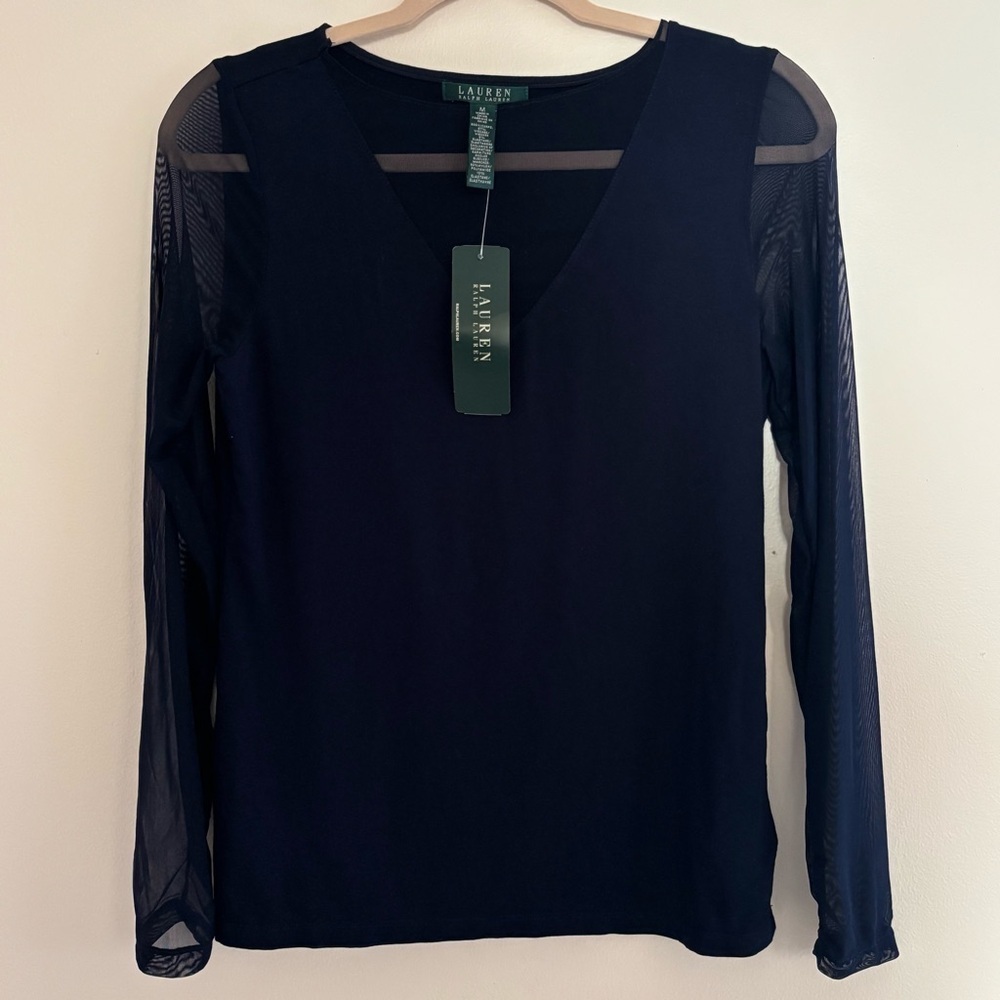 Lauren Ralph Lauren Navy Mesh Sleeve Top Size M V-Neck Sheer Detail NWT $80